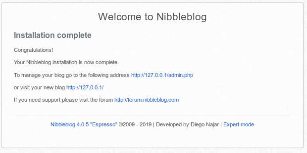 Nibbleblog installation complete screenshot