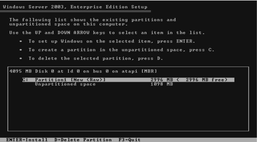 windows 2003 partition setup example