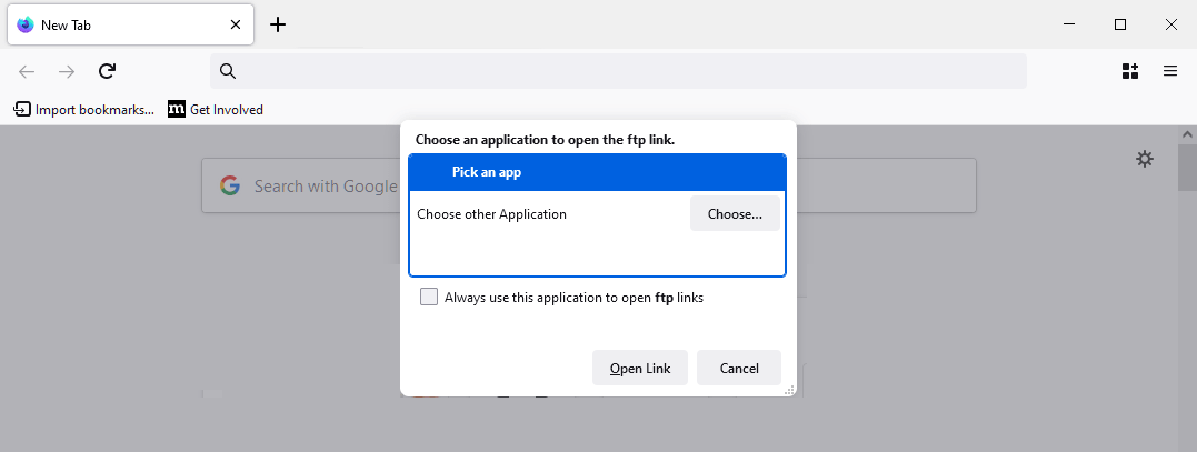 Firefox ftp APP chooser dialog