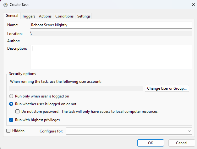 Scheduled reboot GENERAL tab