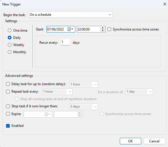 Scheduled reboot TRIGGERS tab